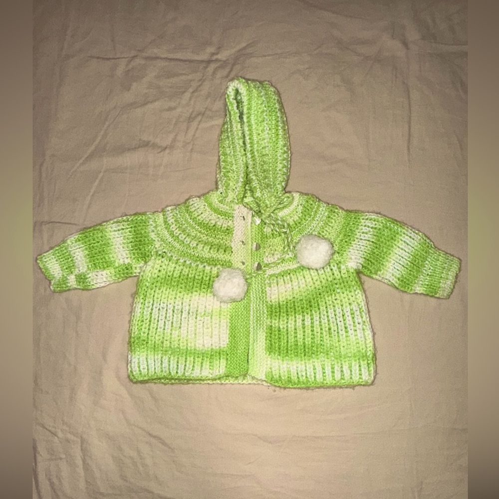 Hand knit Green and White Striped Baby Sweater with Hood